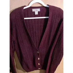 Vtg Lee David (S) Cardigan Sweater‎ Women Burgundy Tight Knit Button-Up